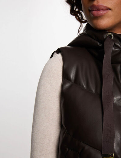 Faux leather padded jacket with hood dark brown women