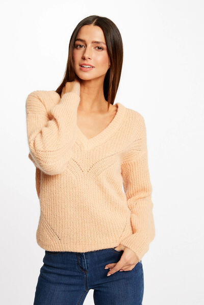 Long-sleeved jumper with V-neck light orange ladies'
