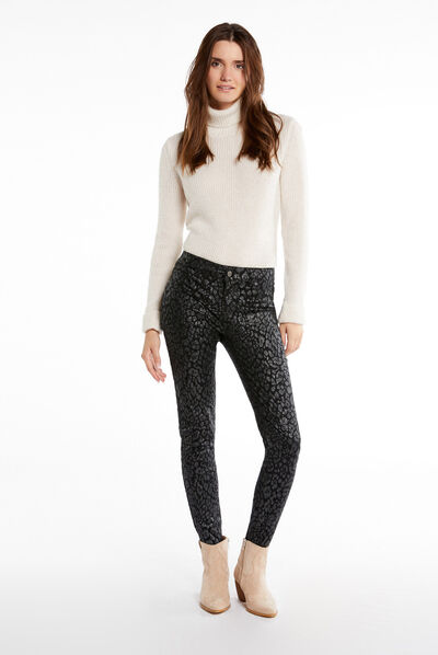 Skinny trousers wet effect leopard print black ladies'