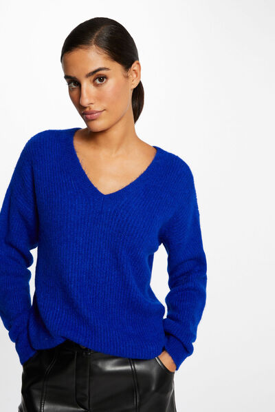 Long-sleeved jumper with V-neck electric blue ladies'