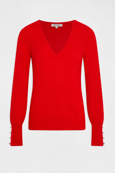 Long-sleeved jumper with V-neck red ladies'