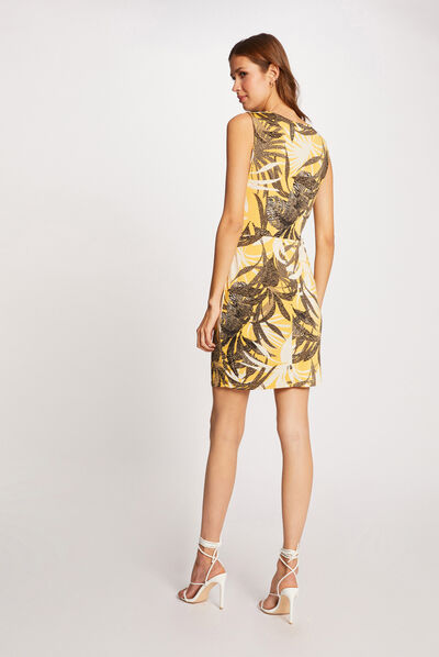 Fitted dress with vegetal print yellow ladies'