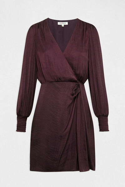 Satin draped waisted dress plum ladies'