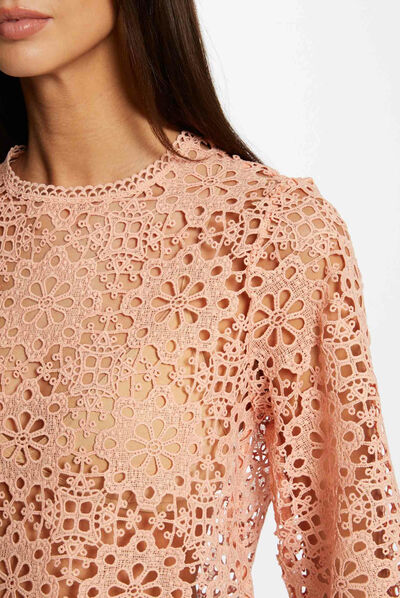 Short-sleeved blouse with lace medium pink ladies'