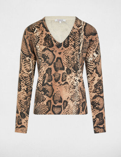 Printed jumper V-neck beige women