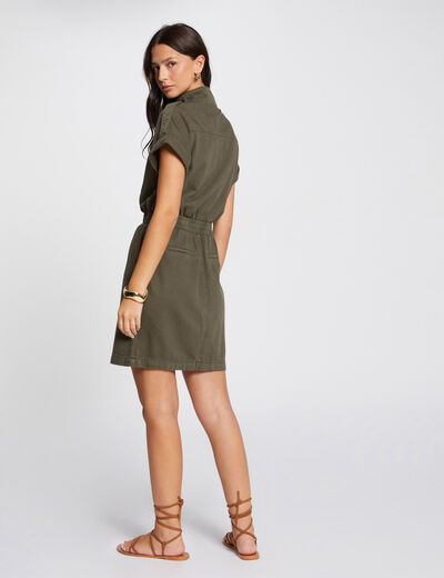 Waisted mini denim dress khaki green ladies'