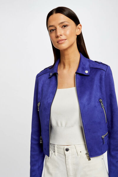 Straight jacket with suede effect mid blue ladies'