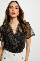 T-shirt manches courtes à pois noir femme
