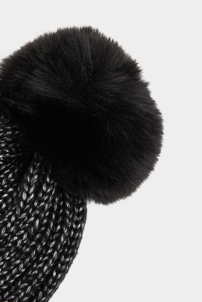 Beanie pom-pom and metallised threads black ladies'