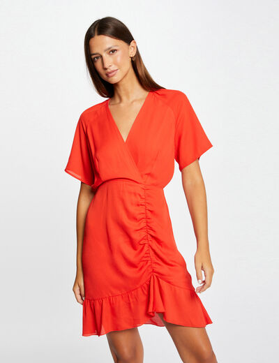Shirred waisted dress wrap-over neckline red ladies'