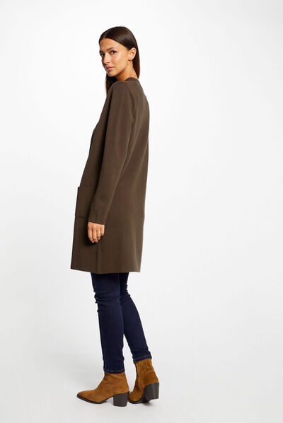 Long straight cardigan with open collar dark green ladies'