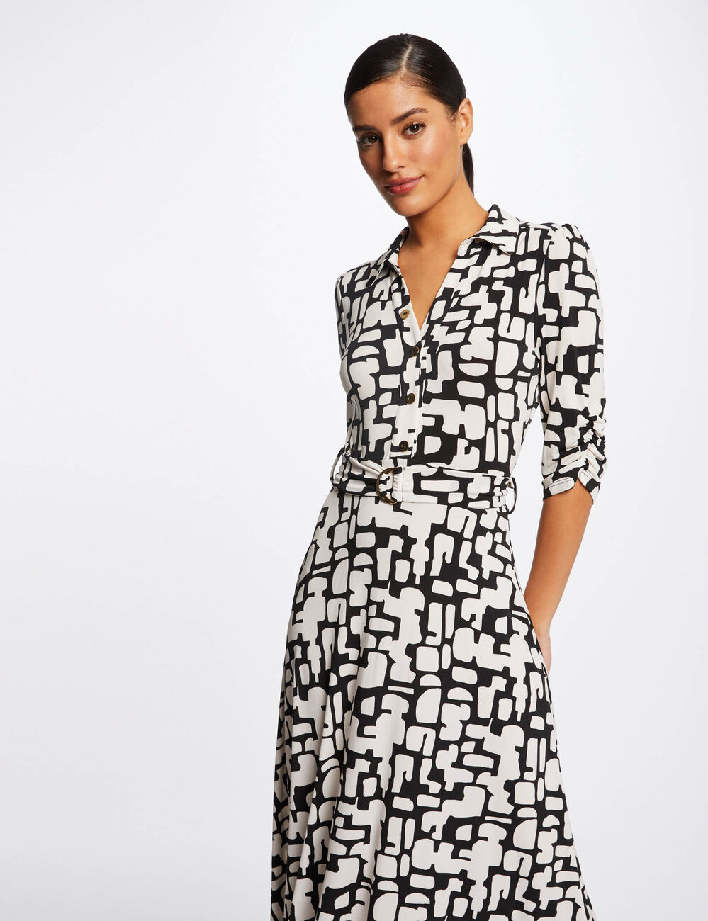 Maxi A-line dress with abstract print ecru women