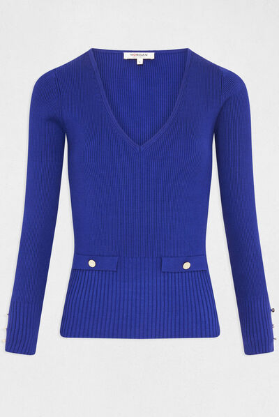 Long-sleeved ribbed jumper with V-neck mid blue ladies'