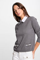 Pull col chemise gris clair femme