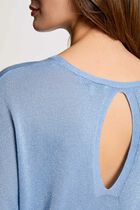 Pull col en V et manches 3/4 bleu gris femme
