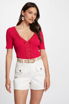 Jumper V-neck short sleeves raspberry women