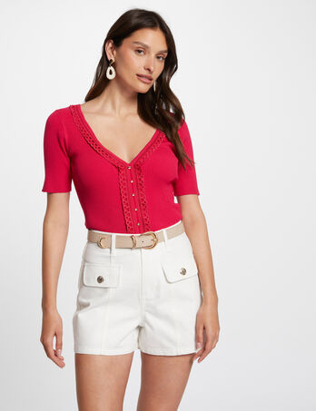 Jumper V-neck short sleeves raspberry women