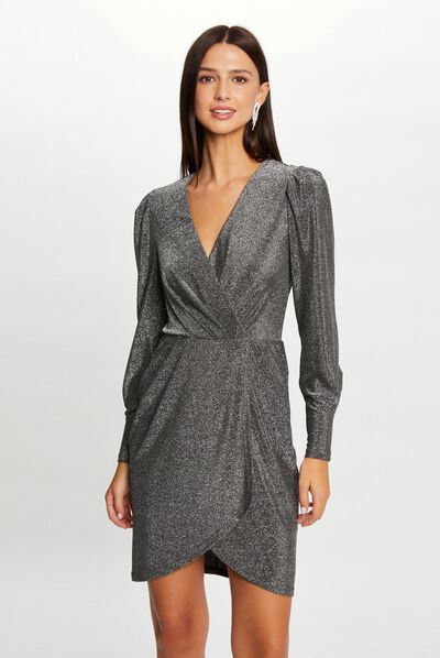 Fitted draped dress metallised threads silver ladies'