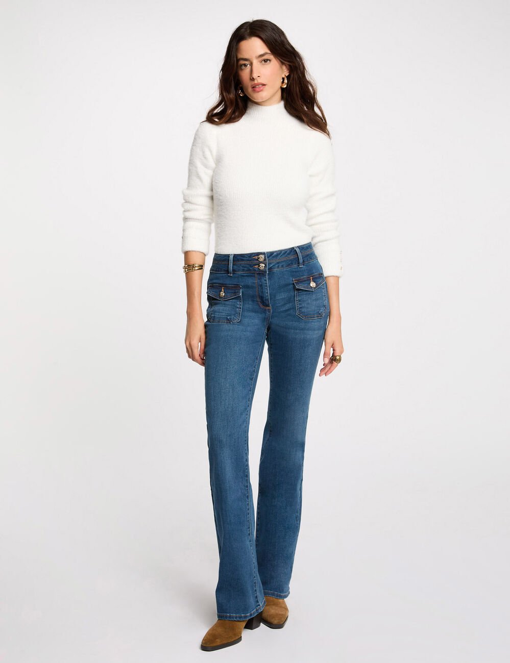 Pull manches longues maille duveteuse ivoire femme