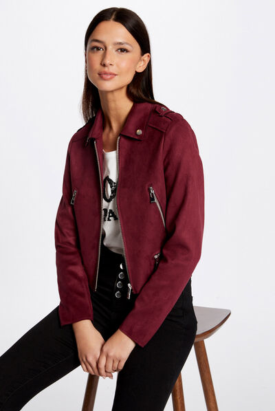 Straight jacket with suede effect burgundy ladies'