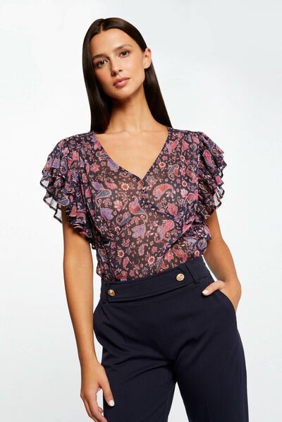 Short-sleeved blouse paisley print navy ladies'