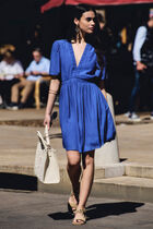 Pleated short dress blue women