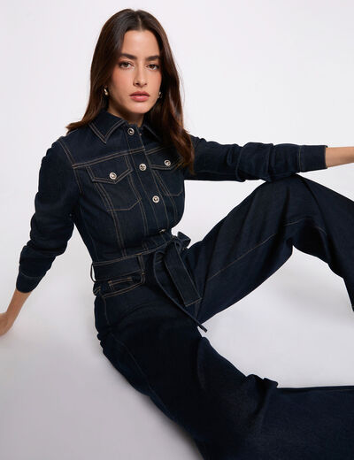 Wide-leg denim jumpsuit raw denim women