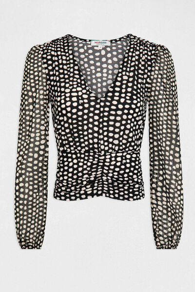 Long-sleeved t-shirt polka dot print black ladies'