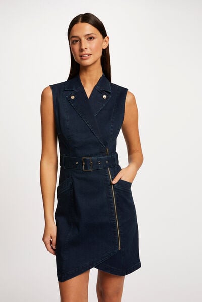 Sleeveless draped fitted denim dress raw denim ladies'