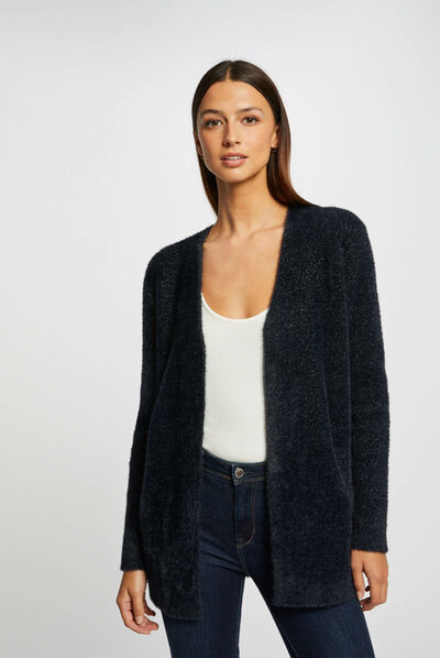 Straight cardigan metallised threads navy ladies'