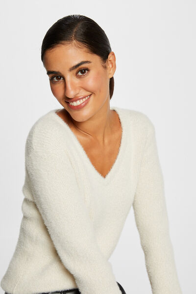 Long-sleeved jumper with V-neck ivory ladies'