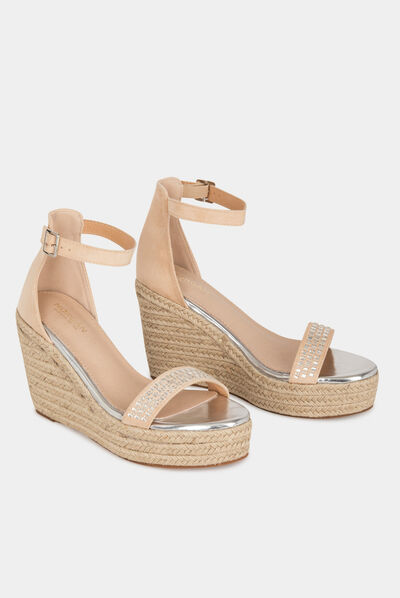 Sandals with wedge heels and rhinestones beige ladies'