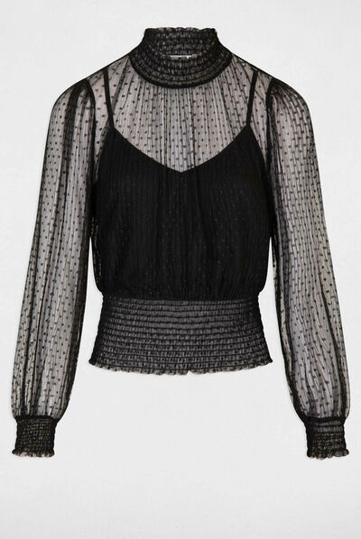 Long-sleeved t-shirt with dobby spot black ladies'