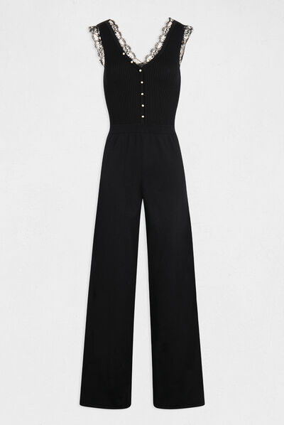 Knitted wide leg jumpsuit black ladies'