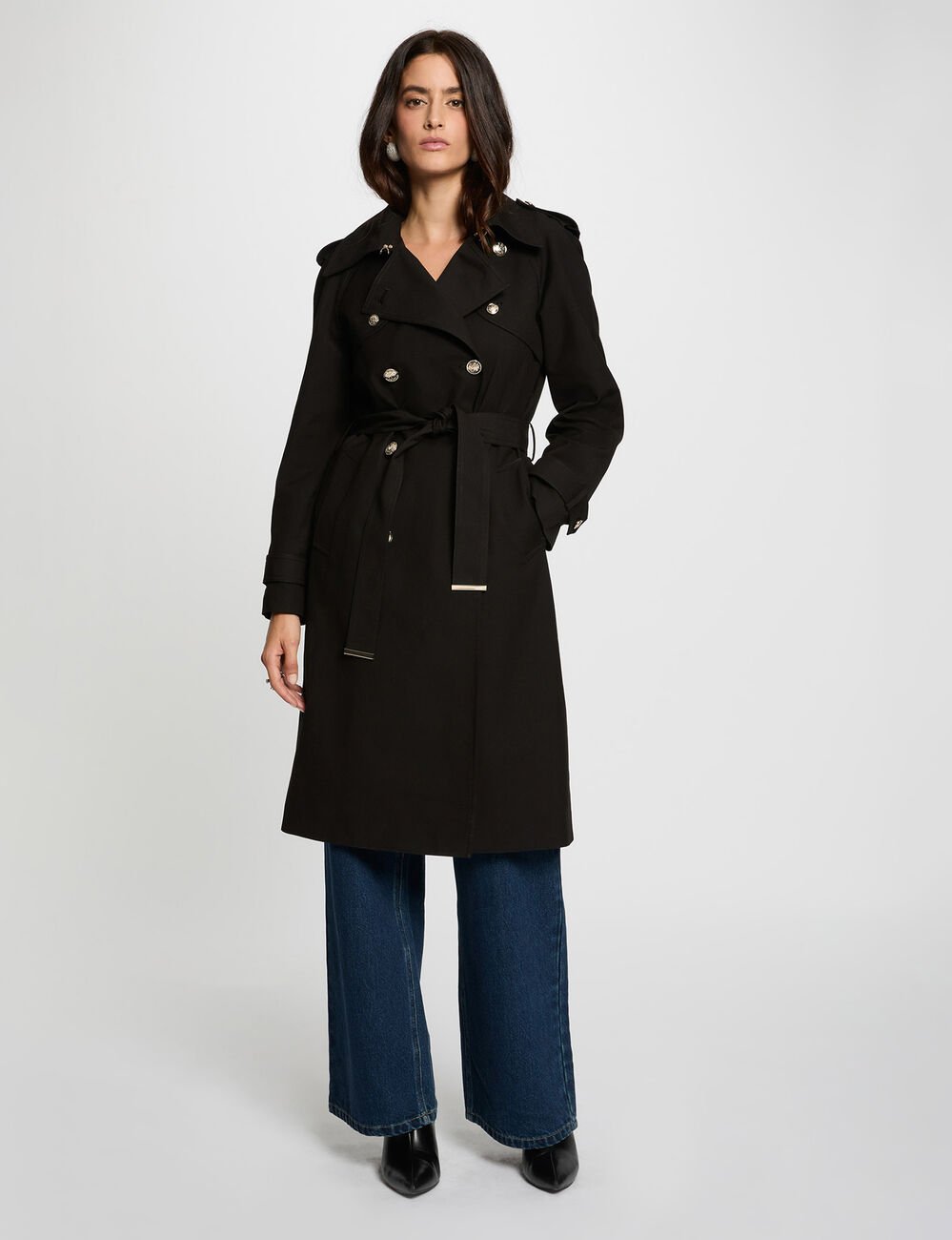 Long belted trench coat black women
