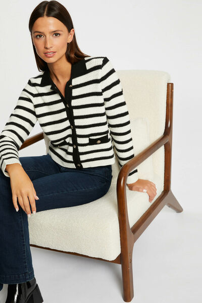 Buttoned straight cardigan with stripes ecru ladies'
