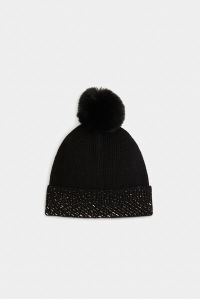 Beanie with rhinestones and pom-pom black ladies'