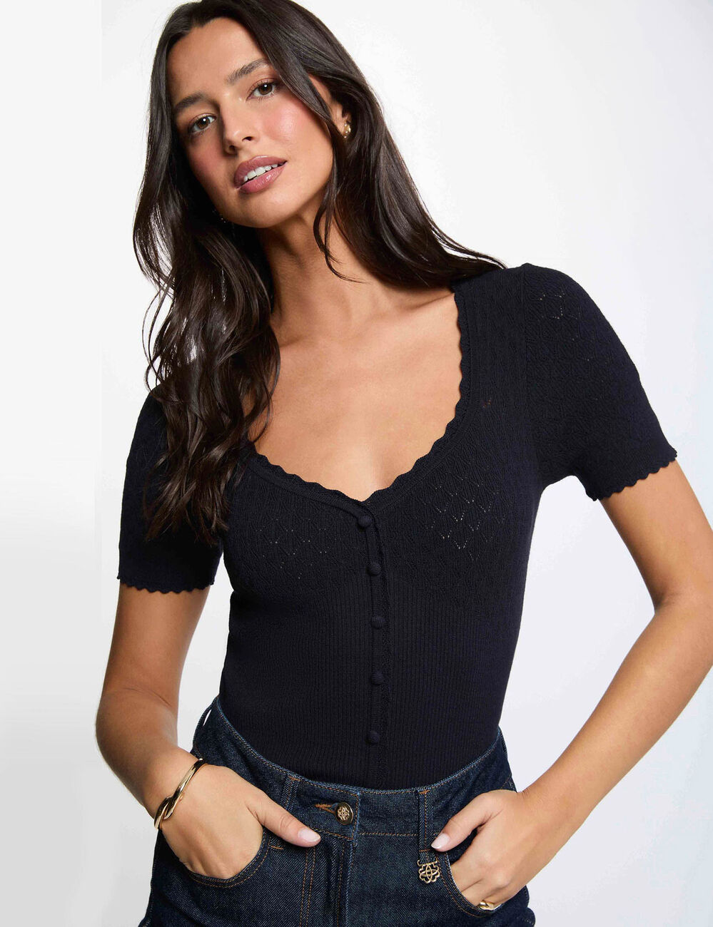 Fitted V-neck sweater navy blue women