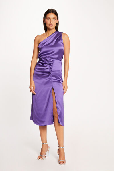 Slitted straight satin skirt purple ladies'