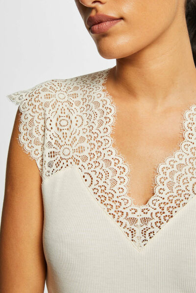 Vest top with wide straps and lace ivory ladies'