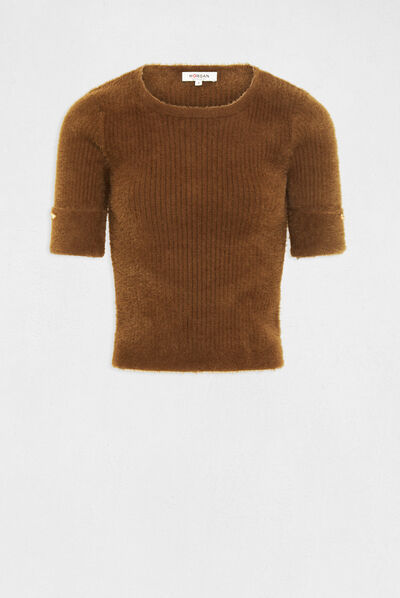 Short-sleeved ribbed jumper mid-green ladies'