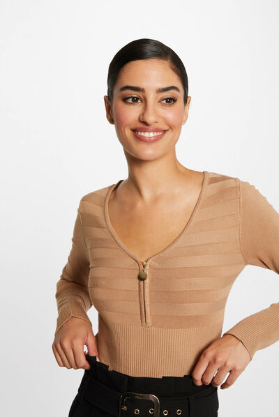 Long-sleeved jumper with zipped detail camel ladies'