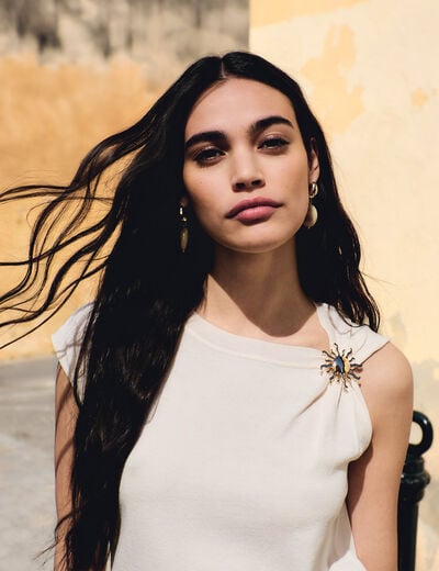 Sleeveless asymmetric top ivory women