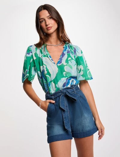Belted denim shorts stone wash denim women