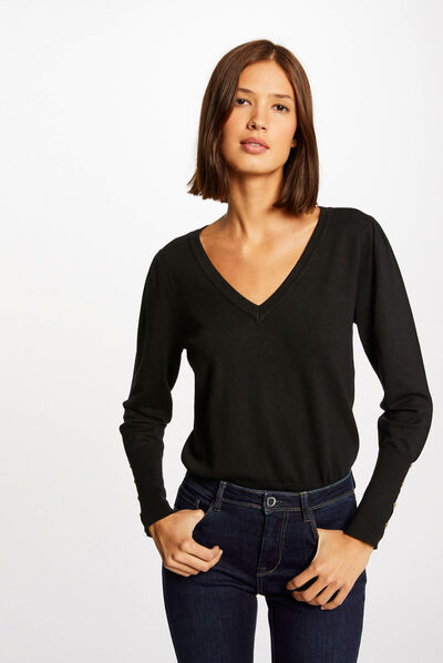 Long-sleeved jumper with V-neck black ladies'