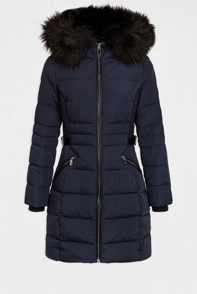 Waisted padded jacket with hood navy ladies'