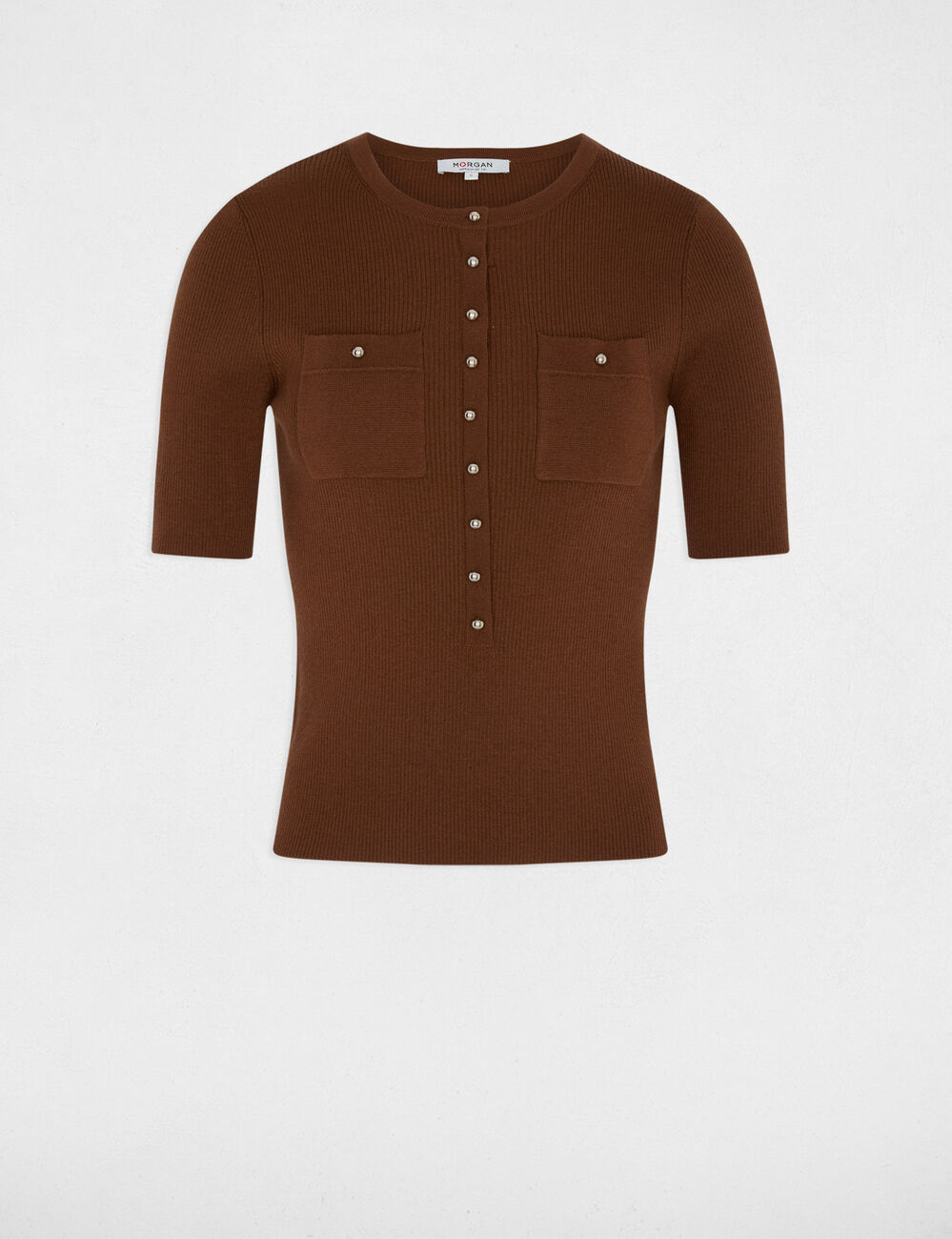 Short-sleeve round-neck sweater chocolate brown women