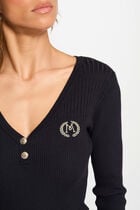 Pull col en V côtelé bleu marine femme