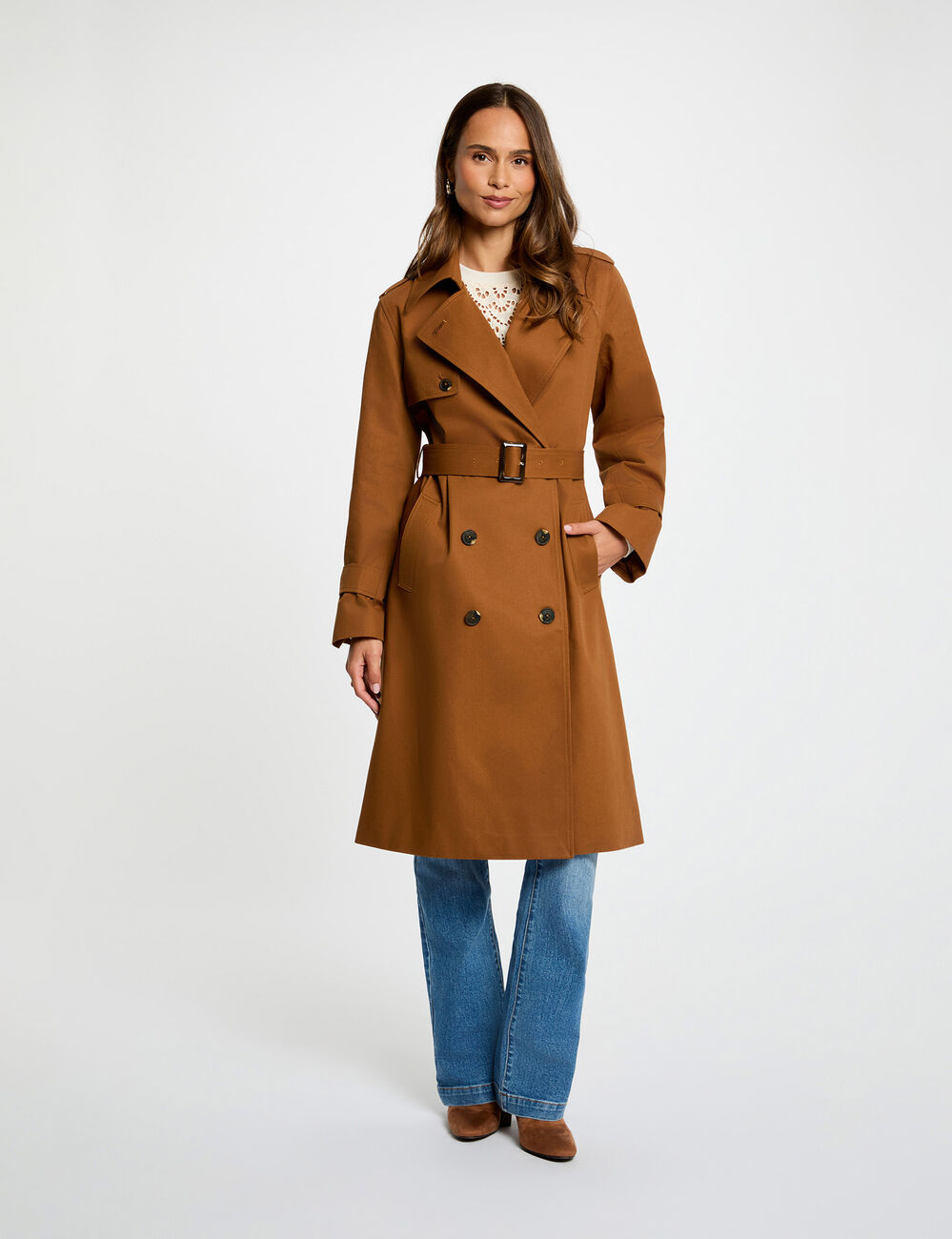 Long trench coat with tailored collar cognac brown women