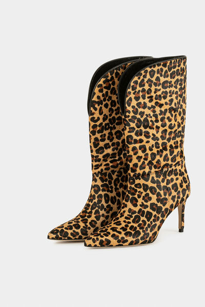 Leather boots with leopard print chestnut brown ladies'